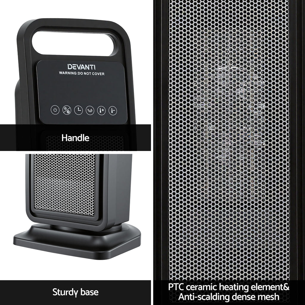 Devanti Ceramic Tower Heater 2000W Electric Oscillating Portable Timer Black