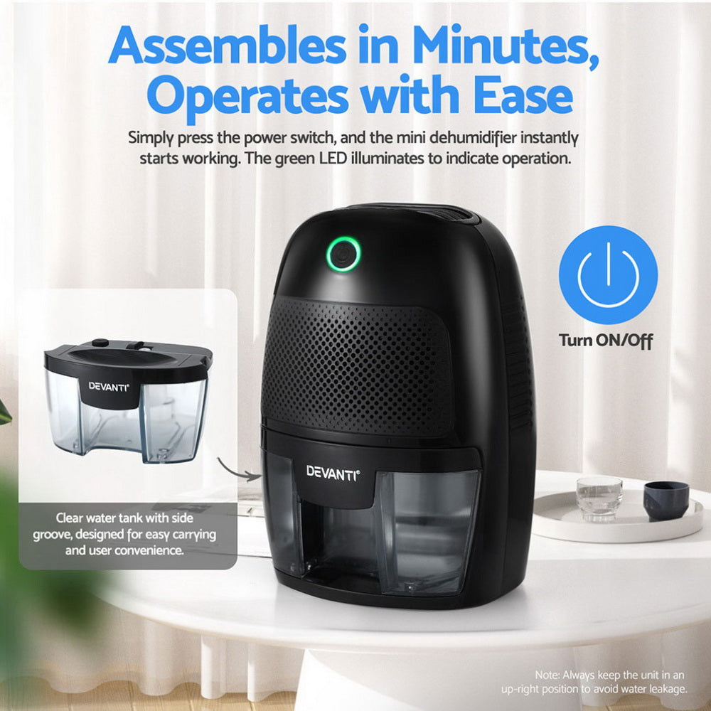 Devanti Dehumidifier 600ml Portable Mini Air Purifying Moisture Absorber Black