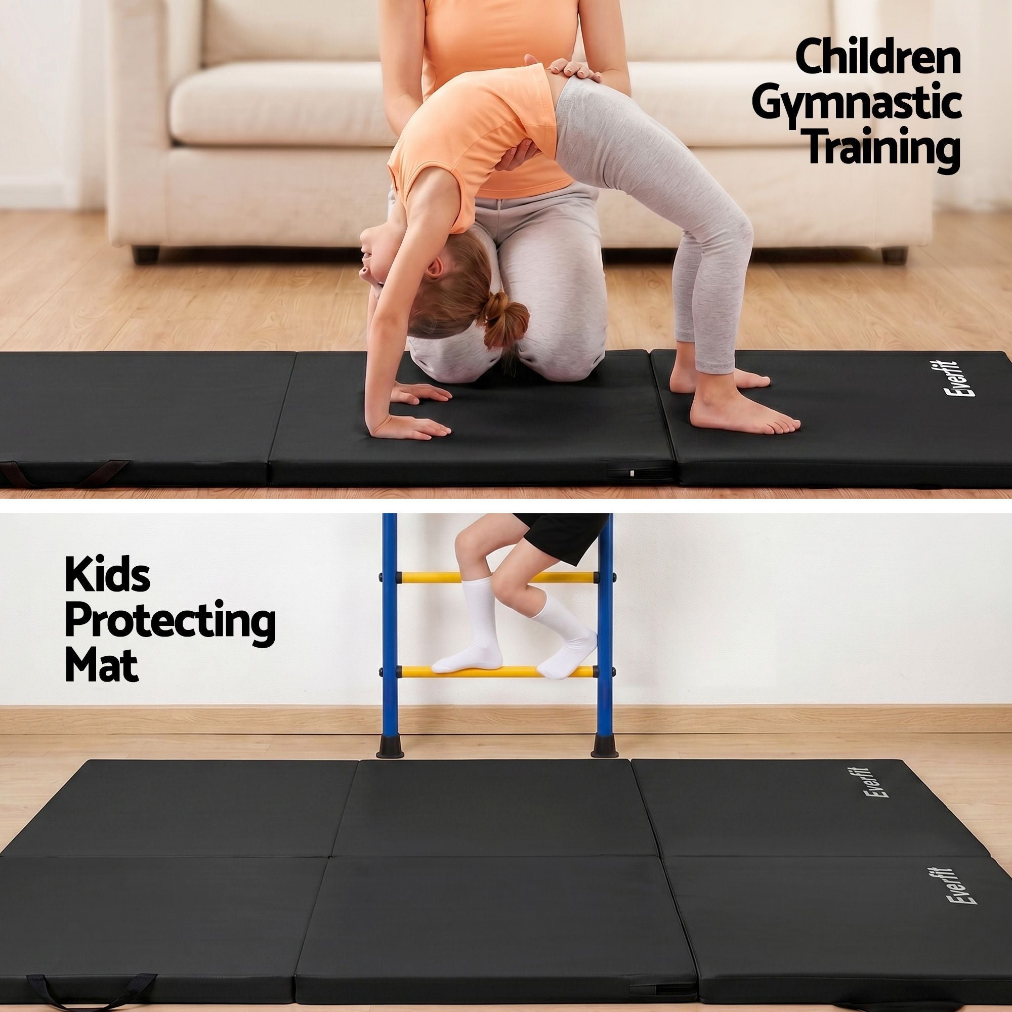 Everfit Gymnastics Mat Folding Exercise Floor Tumbling Mat 3 Fold Black