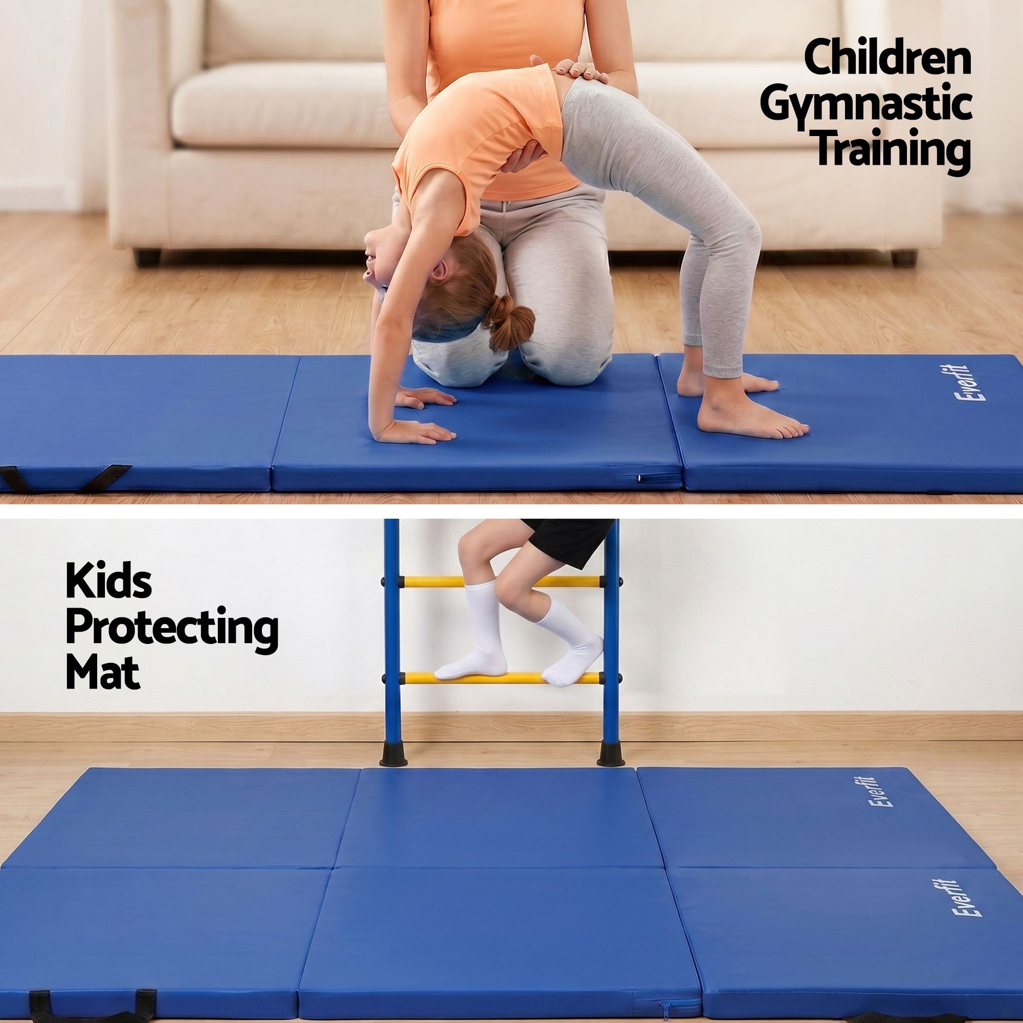 Everfit Gymnastics Mat 180x60cm Folding Exercise Tumbling Mat 3 Fold Blue