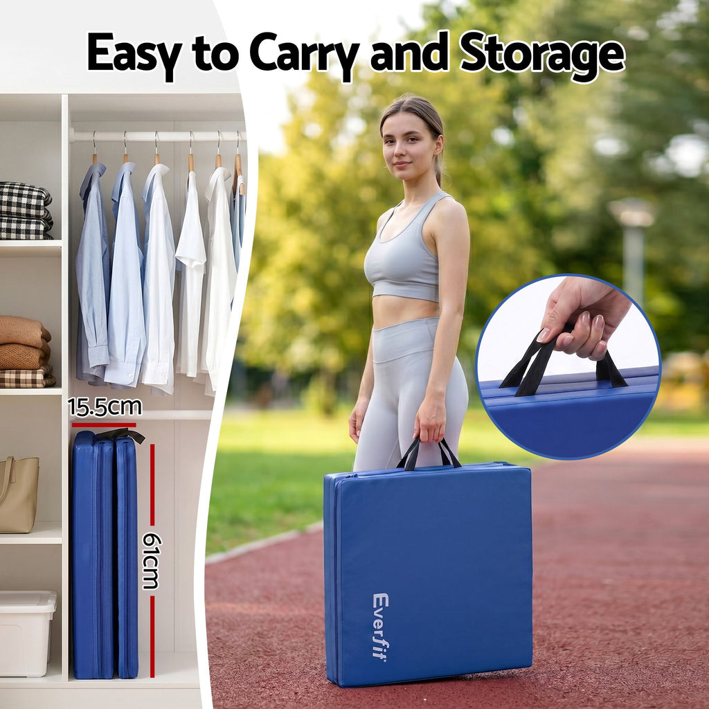 Everfit Gymnastics Mat 180x60cm Folding Exercise Tumbling Mat 3 Fold Blue