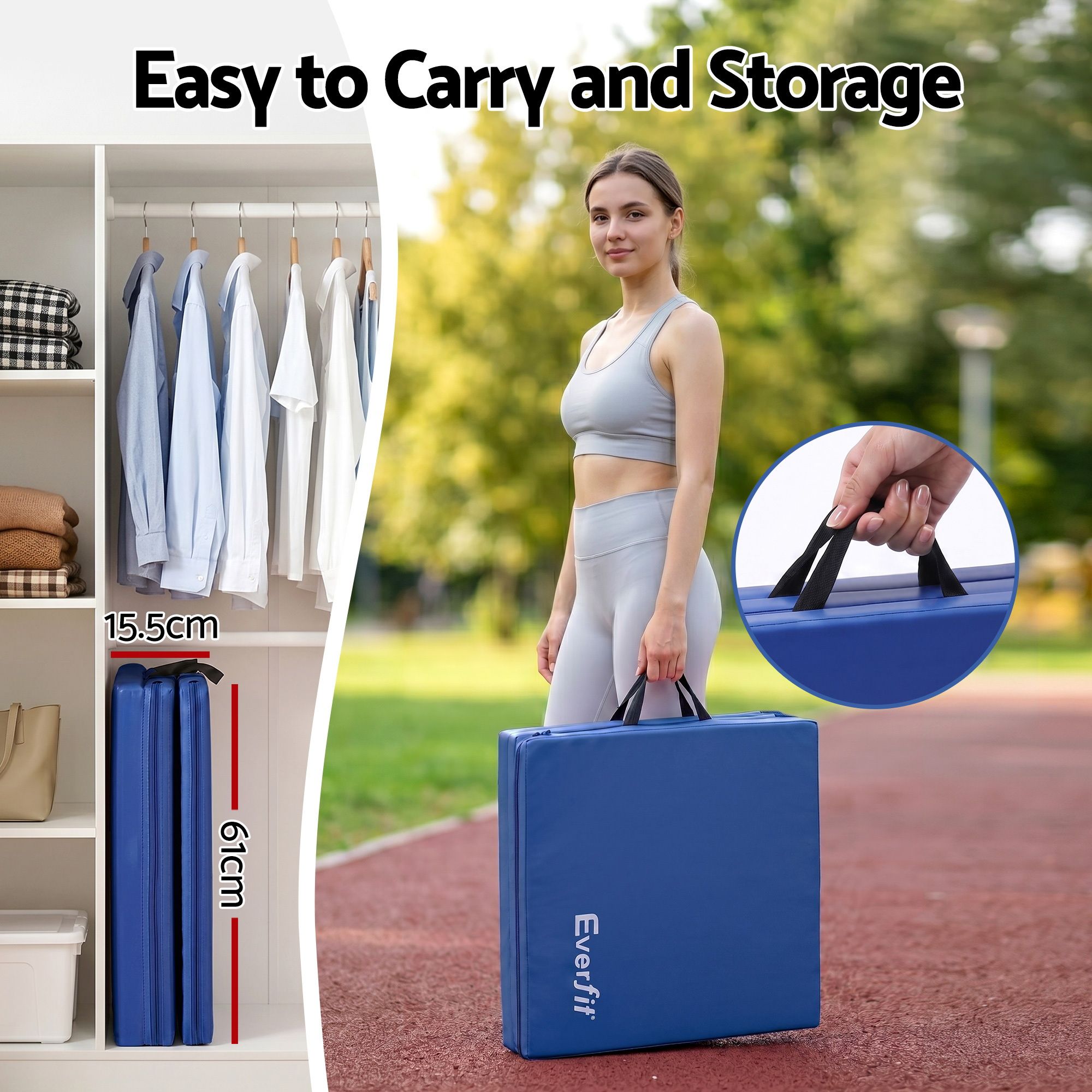 Everfit Gymnastics Mat 180x60cm Folding Exercise Tumbling Mat 3 Fold Blue