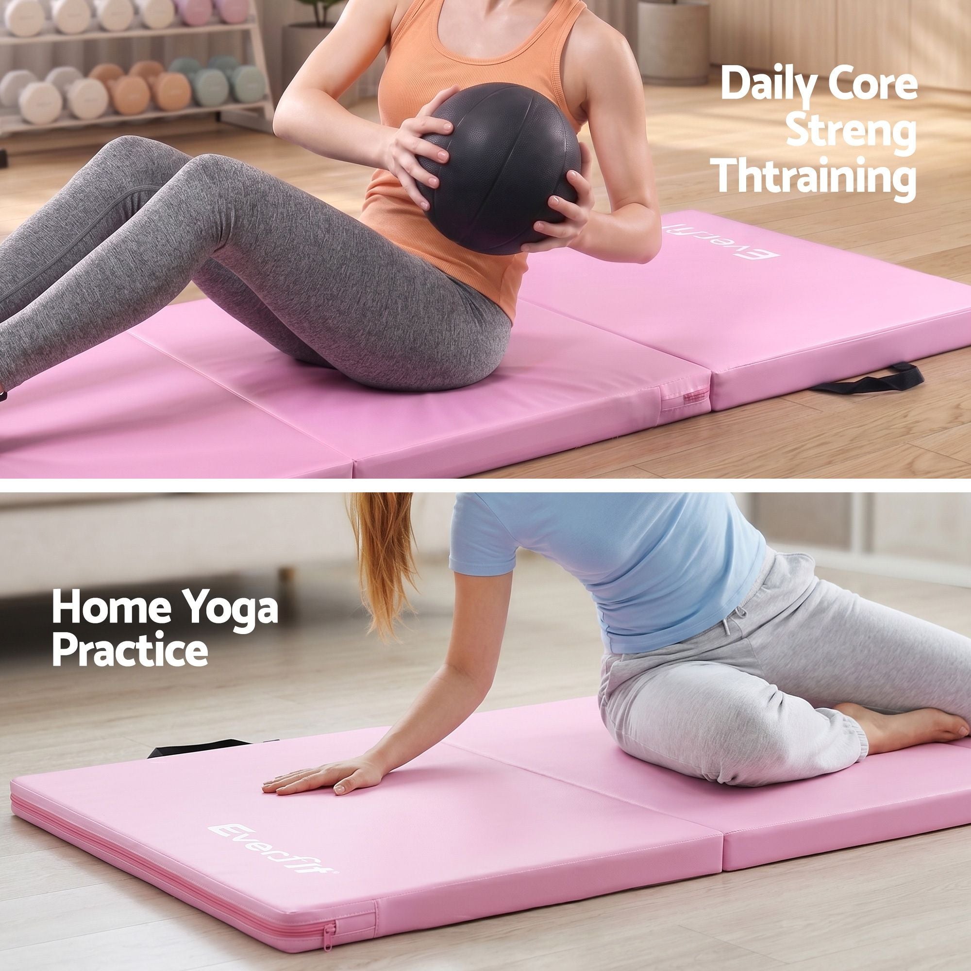 Everfit Gymnastics Mat 180x60cm Folding Exercise Tumbling Mat 3 Fold Pink