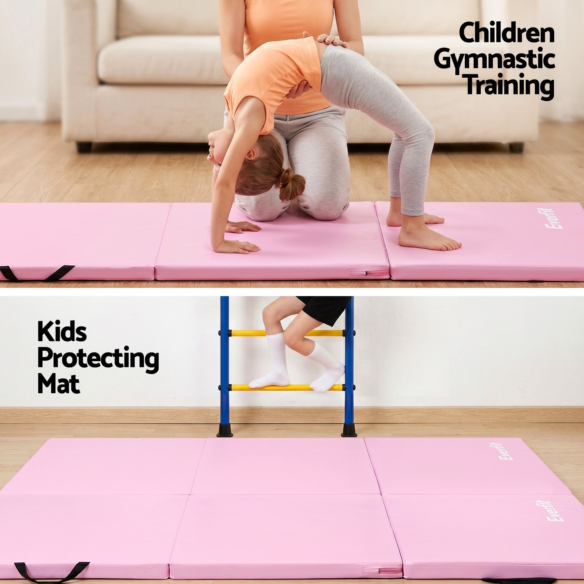 Everfit Gymnastics Mat 180x60cm Folding Exercise Tumbling Mat 3 Fold Pink