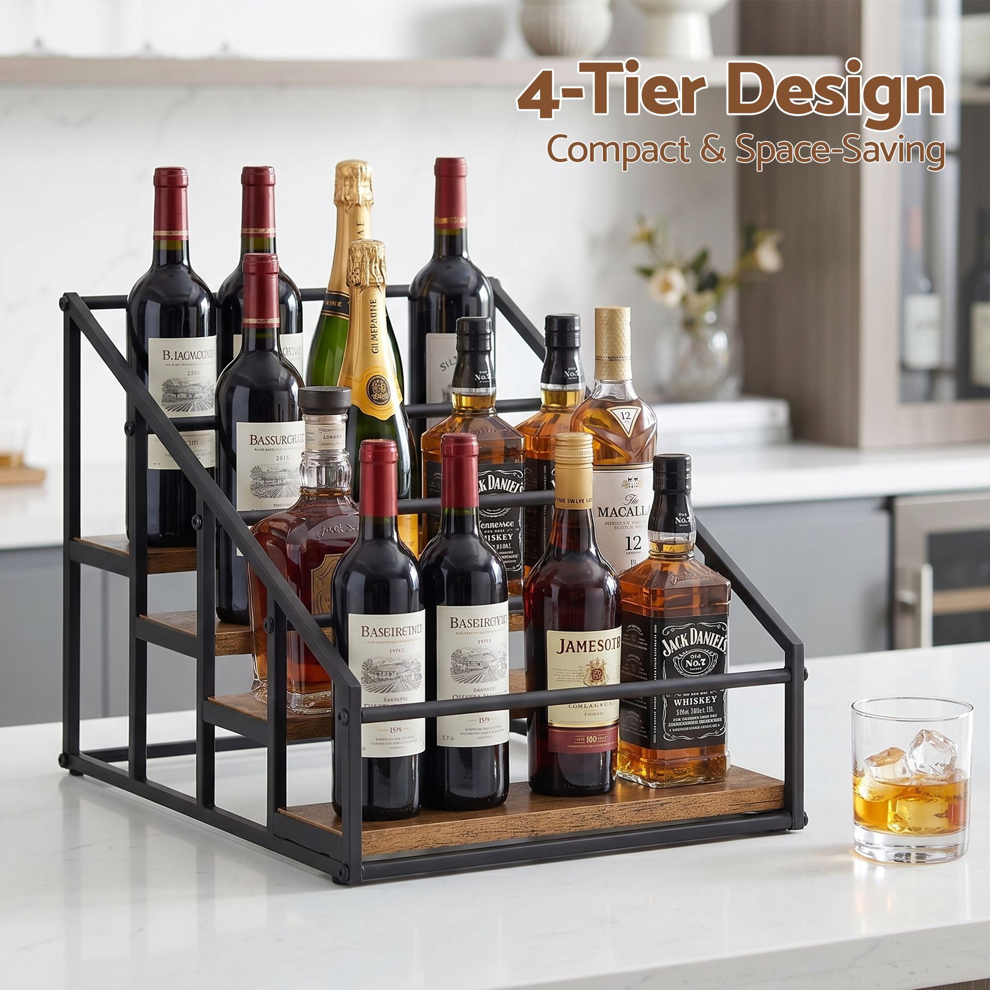 Artiss Wine Rack 4-Tier 16 Bottle Holder Freestanding Storage Stand Black Wood