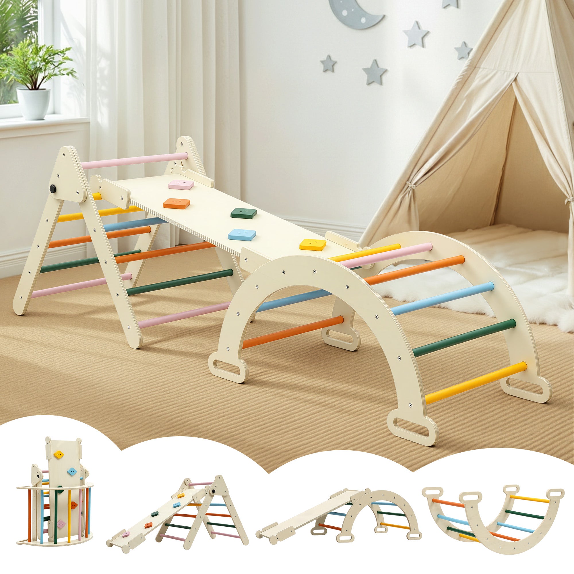 Keezi Kids Pikler Triangle Climber Set with Slide Arch Indoor Outdoor Toddler