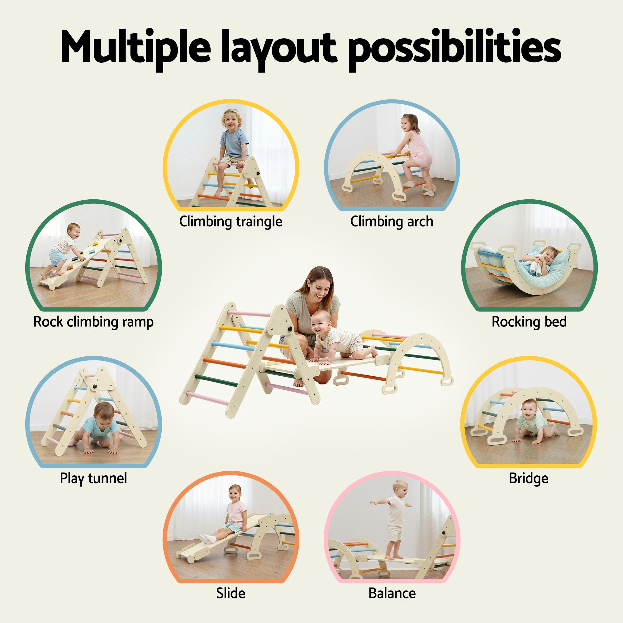 Keezi Kids Pikler Triangle Climber Set with Slide Arch Indoor Outdoor Toddler