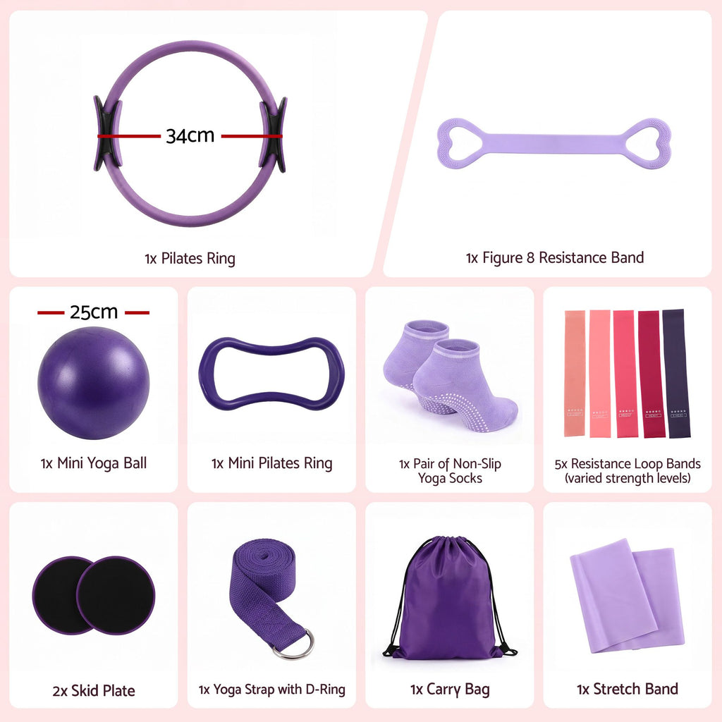 Everfit Pilates Ring Set 15pc Home Workout Kit Ball Yoga Socks Purple
