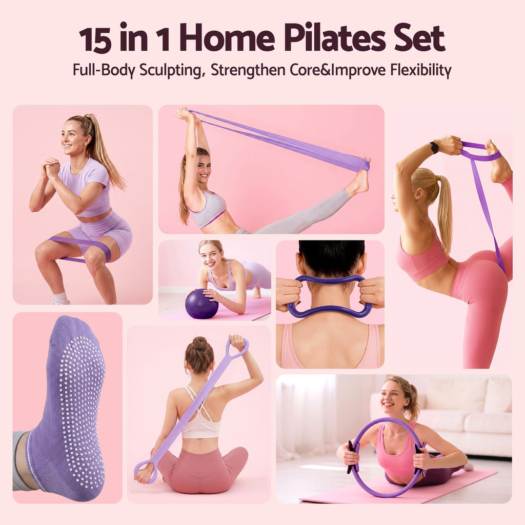 Everfit Pilates Ring Set 15pc Home Workout Kit Ball Yoga Socks Purple