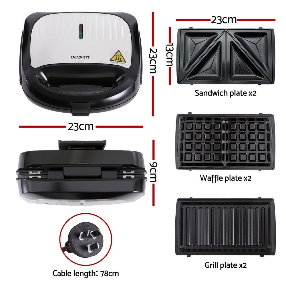 Devanti Sandwich Press 3-in-1 Waffle Maker Panini Grill 850W Non-Stick Plates