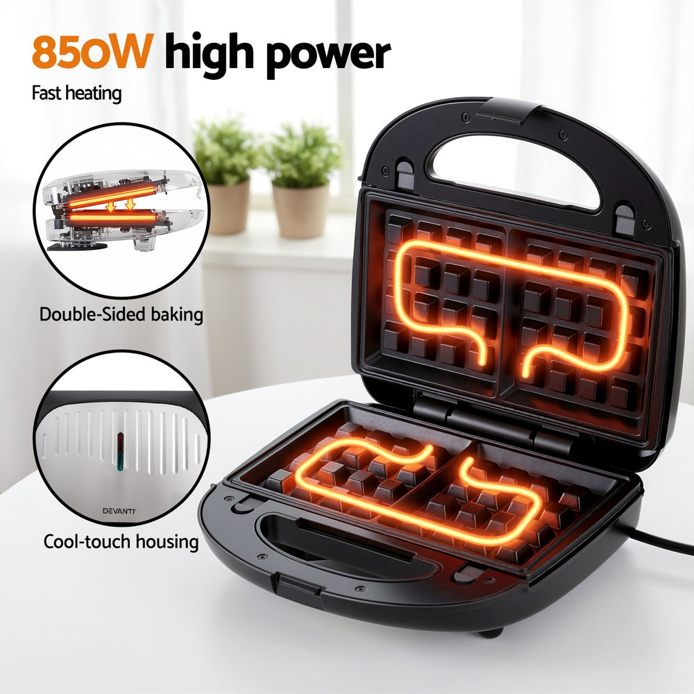 Devanti Sandwich Press 3-in-1 Waffle Maker Panini Grill 850W Non-Stick Plates