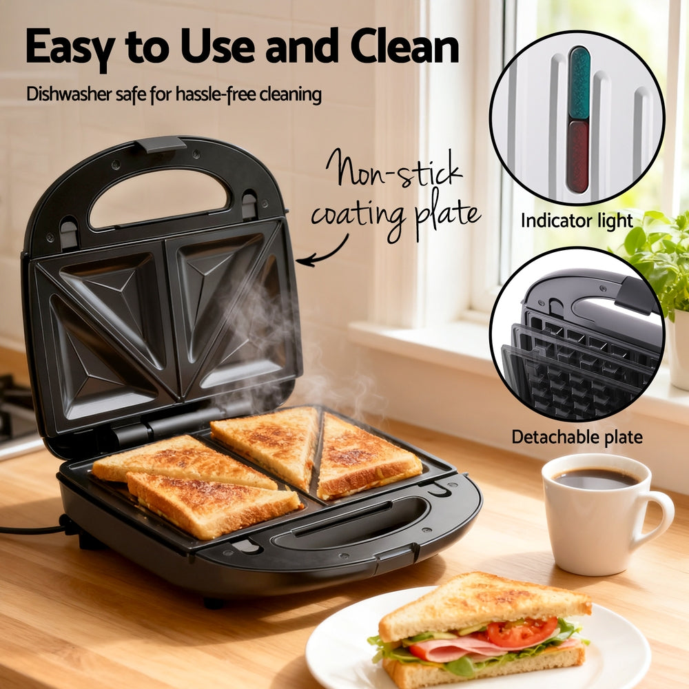 Devanti Sandwich Press 3-in-1 Waffle Maker Panini Grill 850W Non-Stick Plates