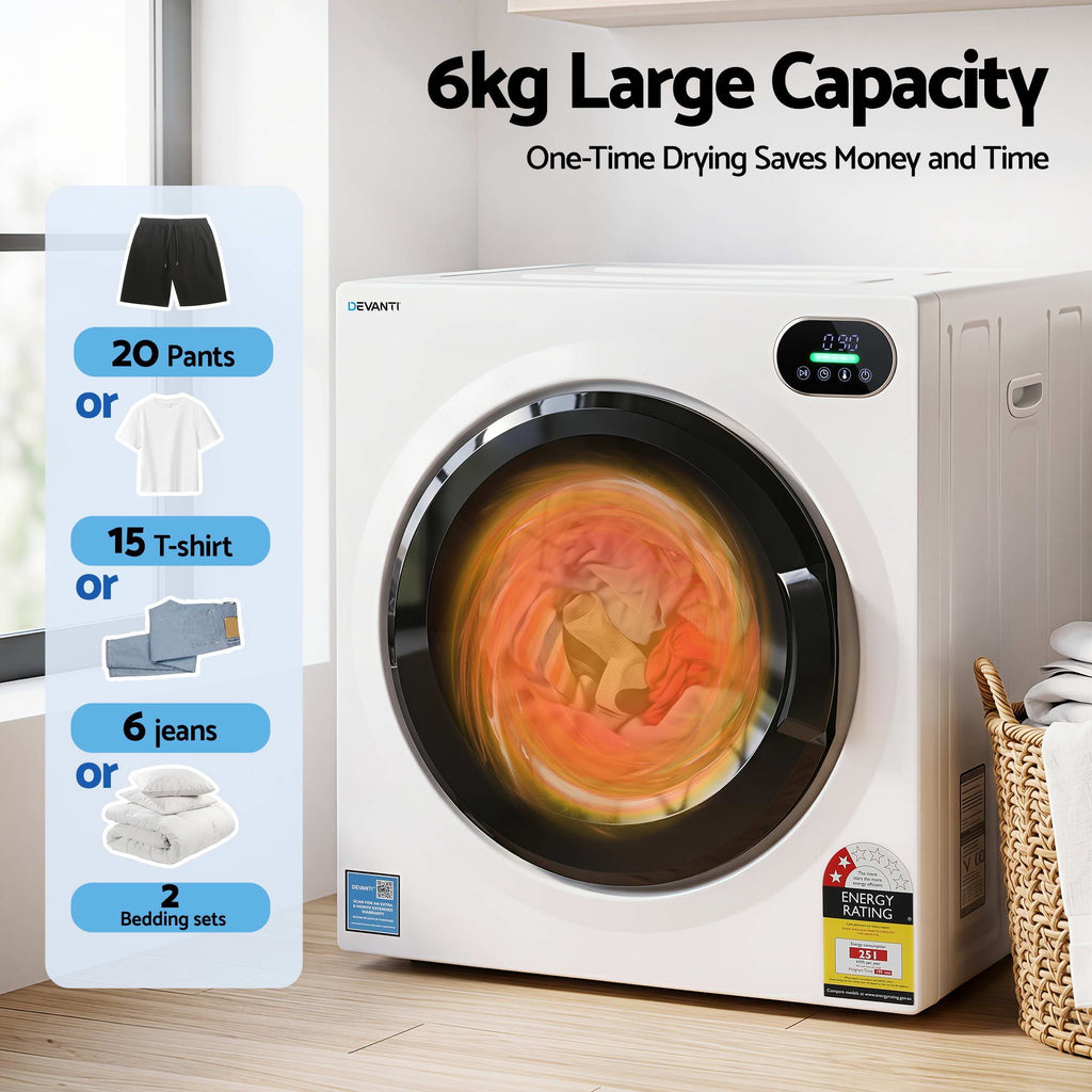Devanti Tumble Dryer 6kg Clothes Dryer Touch Screen Stainless Steel Drum