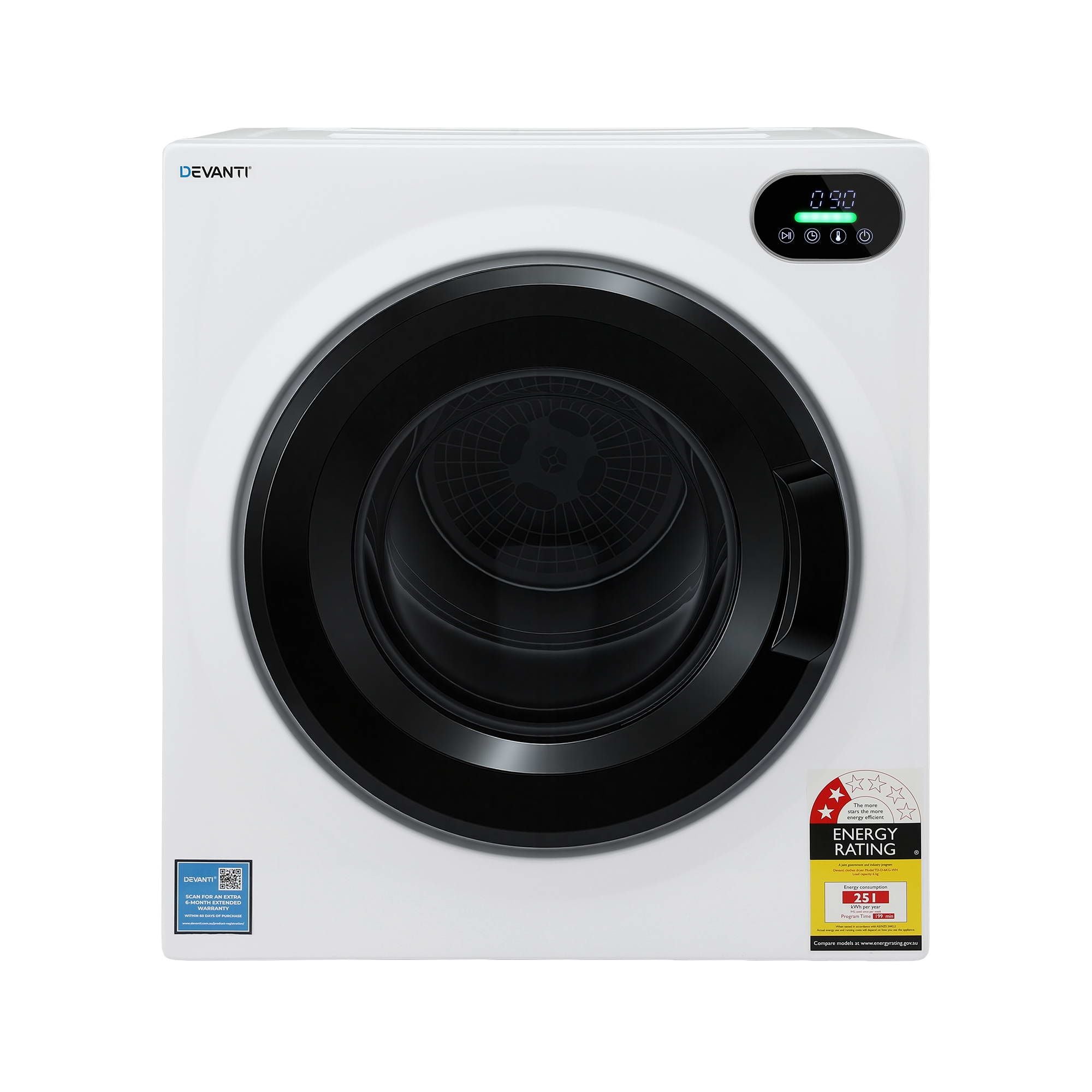 Devanti Tumble Dryer 6kg Clothes Dryer Touch Screen Stainless Steel Drum