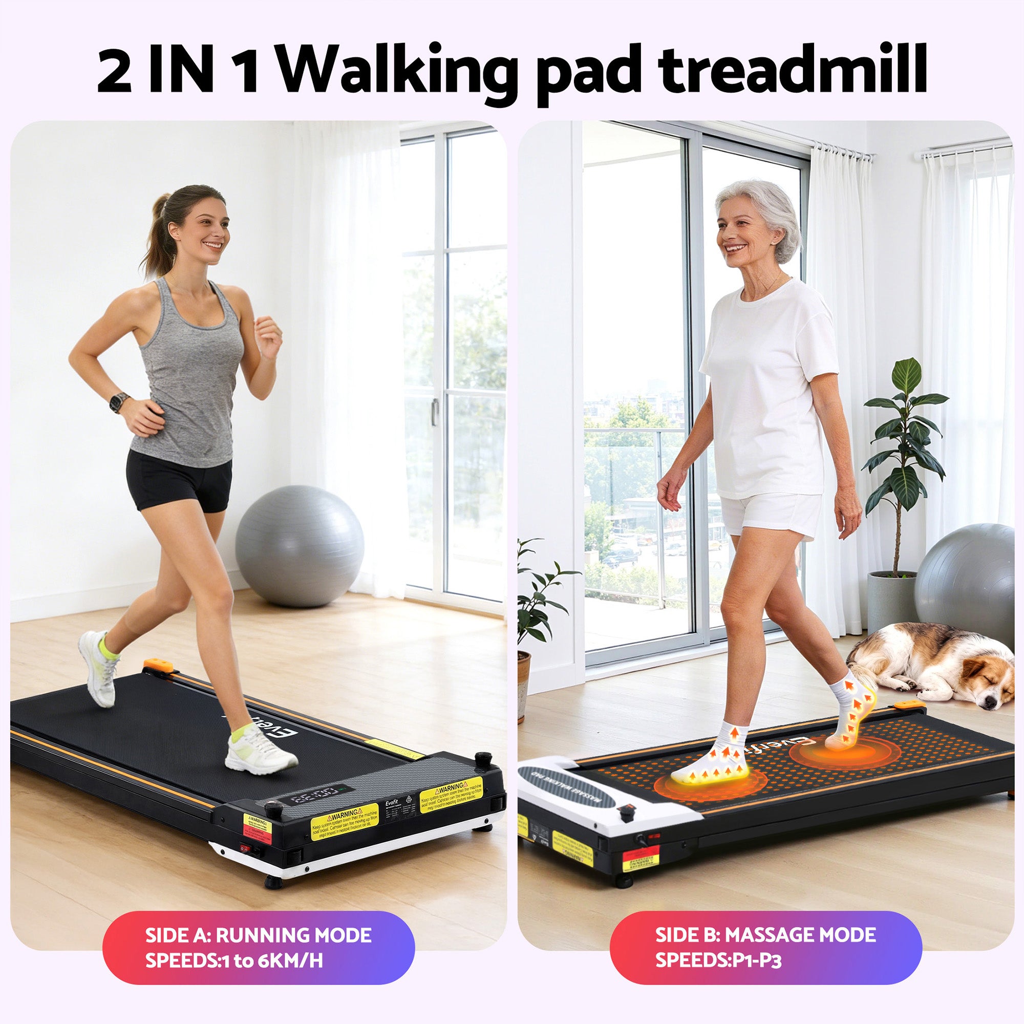 Everfit Walking Pad Treadmill 2 Sided with Massage Function 380mm Black
