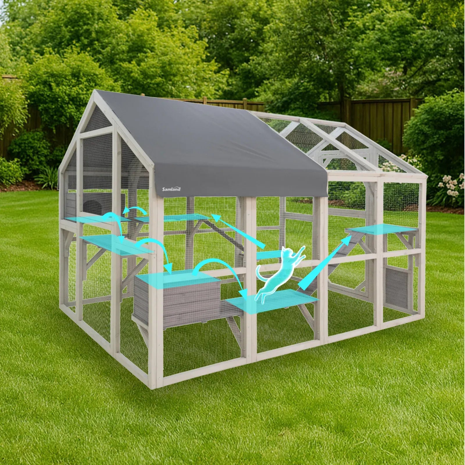 Large Wooden Cat House Outdoor Catio Enclosure Platforms Ramps Weatherproof