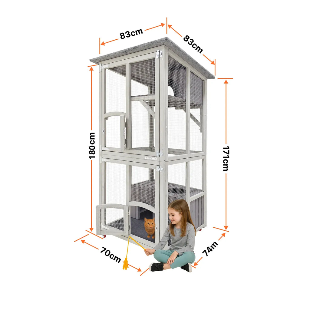 Samland Outdoor Wooden Cat Enclosure Catio with Wheels, Double Cat Houses & Roof