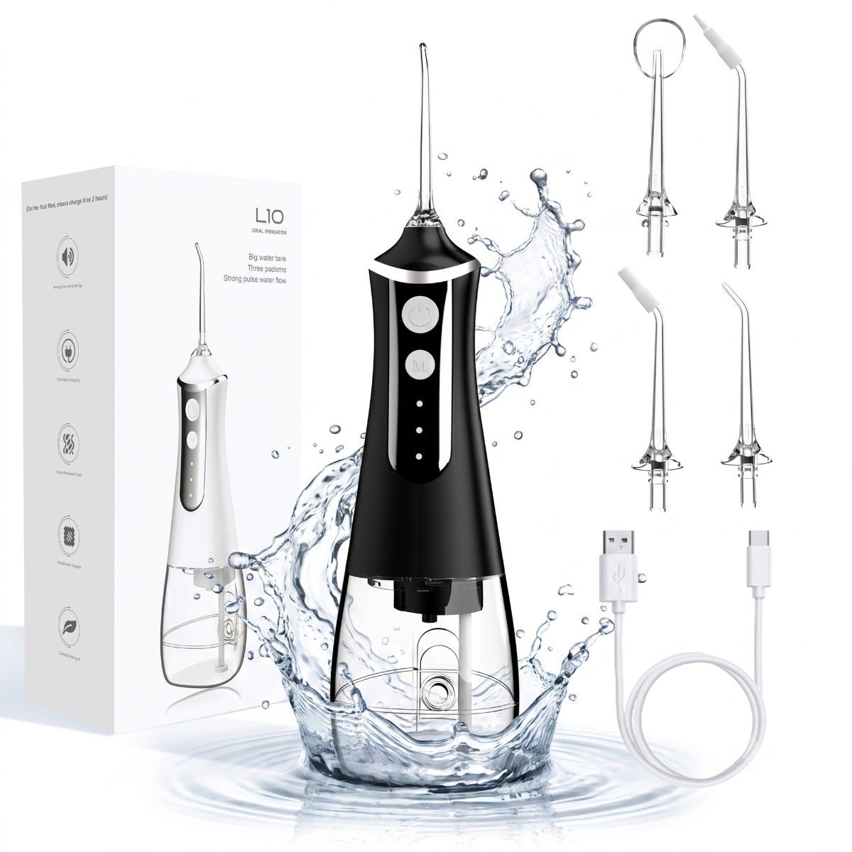 portable electric water flosser, USB charged oral irrigator, oral care Australia, dental hygiene, travel water flosser, adjustable pressure, water flosser with multiple nozzles, gum health, teeth cleaning, personal oral care - Black - Size set