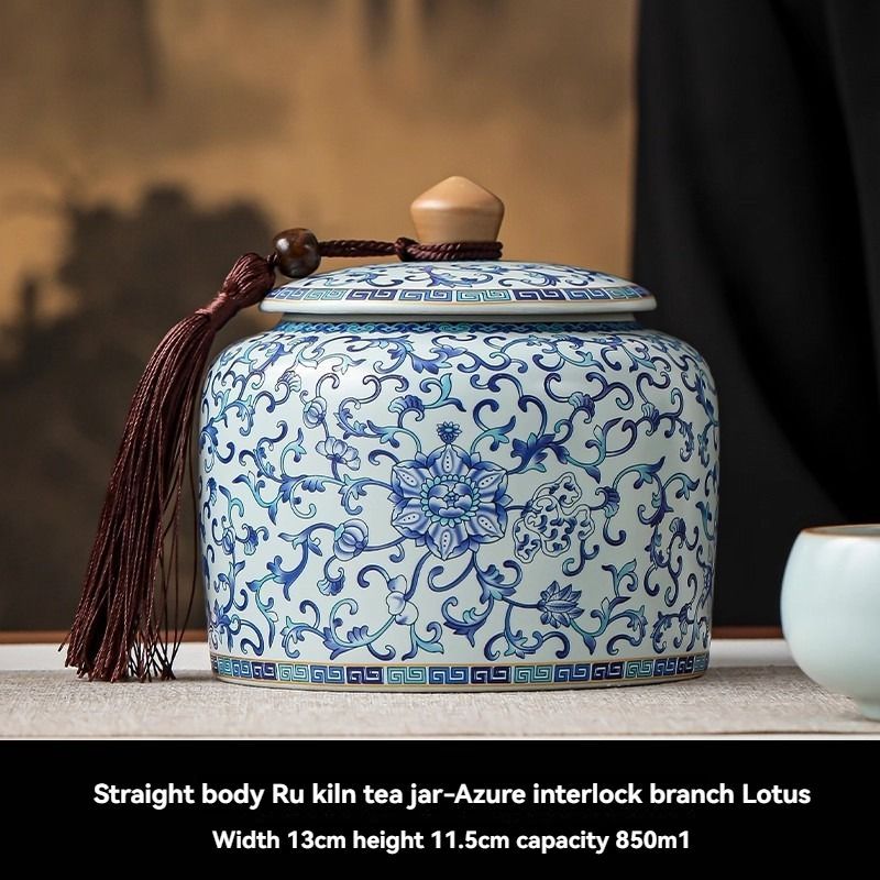Ru Kiln tea jar, blue-and-white ceramic canister, airtight tea storage, floral tea container, Australian tea accessory - Cyan - Size 1