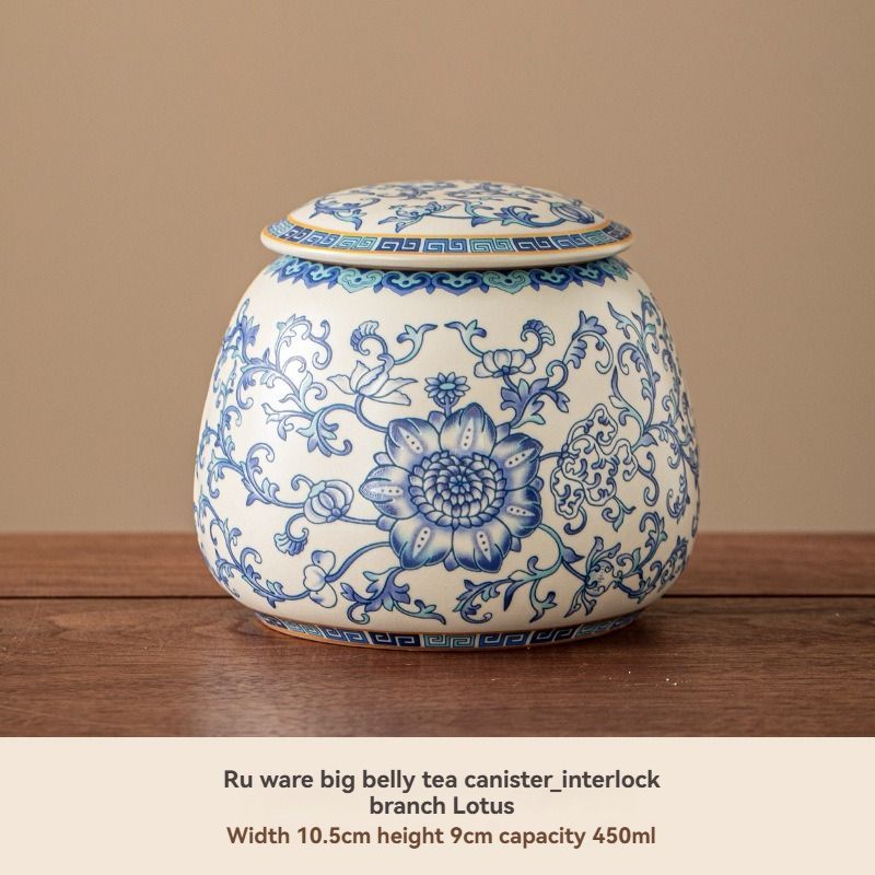 Ru Kiln tea jar, blue-and-white ceramic canister, airtight tea storage, floral tea container, Australian tea accessory - Cyan - Size 14