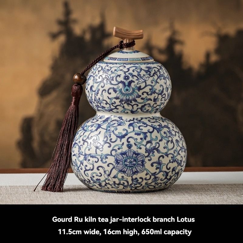 Ru Kiln tea jar, blue-and-white ceramic canister, airtight tea storage, floral tea container, Australian tea accessory - Cyan - Size 3