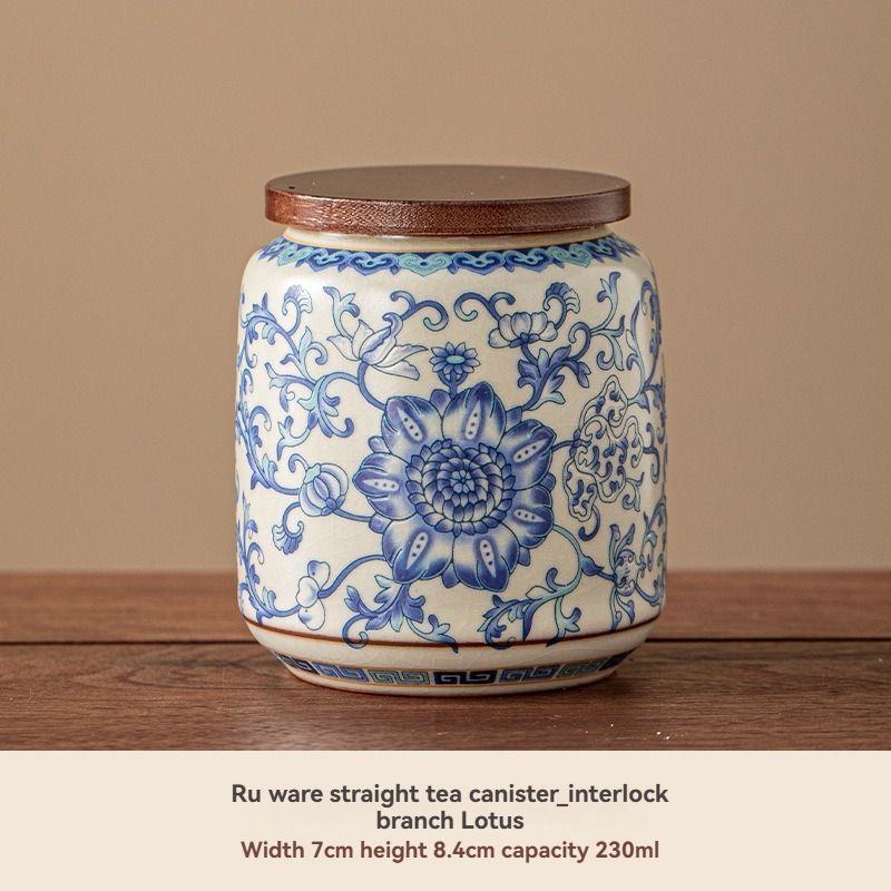 Ru Kiln tea jar, blue-and-white ceramic canister, airtight tea storage, floral tea container, Australian tea accessory - Cyan - Size 4