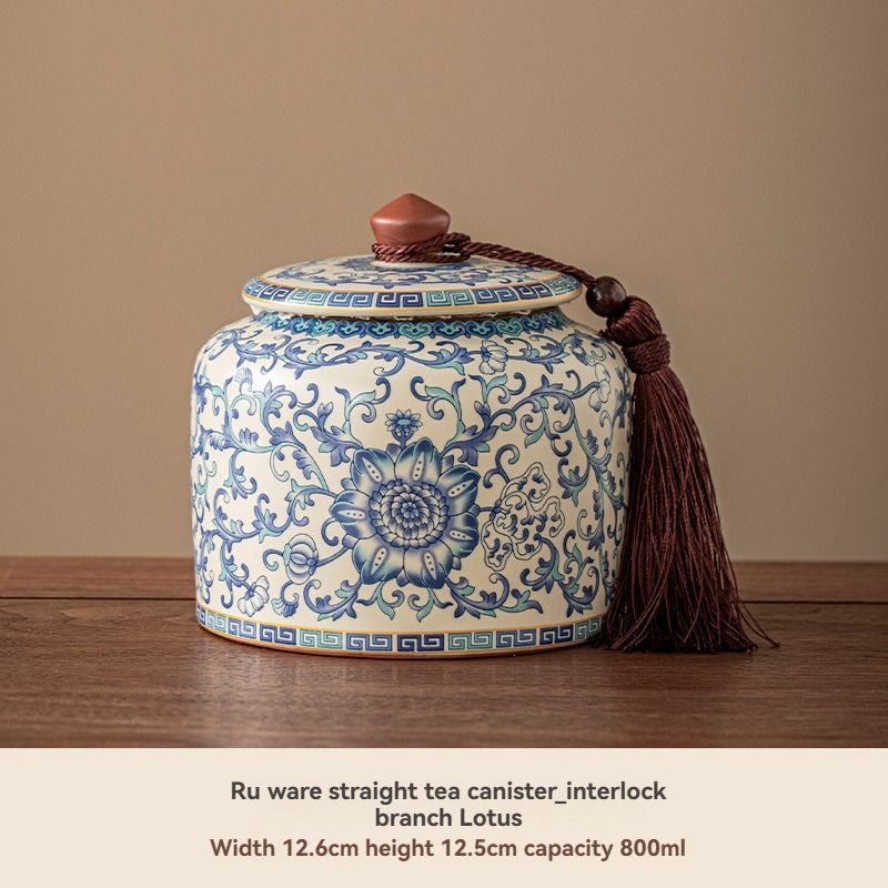 Ru Kiln tea jar, blue-and-white ceramic canister, airtight tea storage, floral tea container, Australian tea accessory - Cyan - Size 6