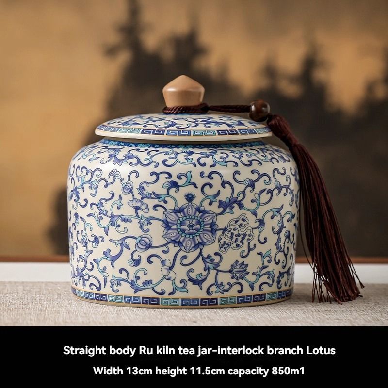 Ru Kiln tea jar, blue-and-white ceramic canister, airtight tea storage, floral tea container, Australian tea accessory - Cyan - Size 9