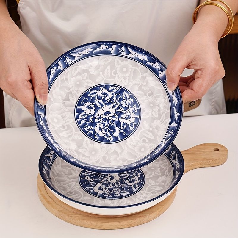 blue-and-white porcelain plate, 8.2-inch ceramic plate, floral design plate, microwave safe plate, Chinese style plate, festive dining plate, traditional Chinese porcelain, round ceramic plate, gift idea, elegant tableware - Cyan - Size 4pcs