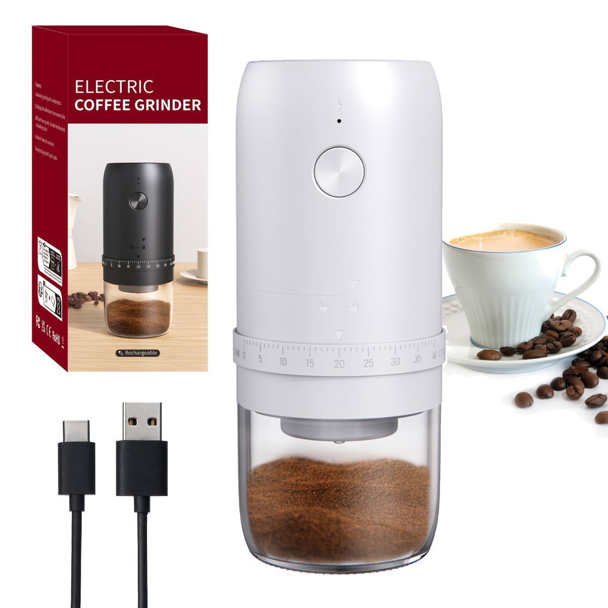 electric coffee grinder, Cliton coffee grinder, ceramic conical burr, portable coffee grinder, rechargeable coffee grinder, espresso coffee grinder, pour-over coffee grinder, Australia coffee grinder - Black - Size set
