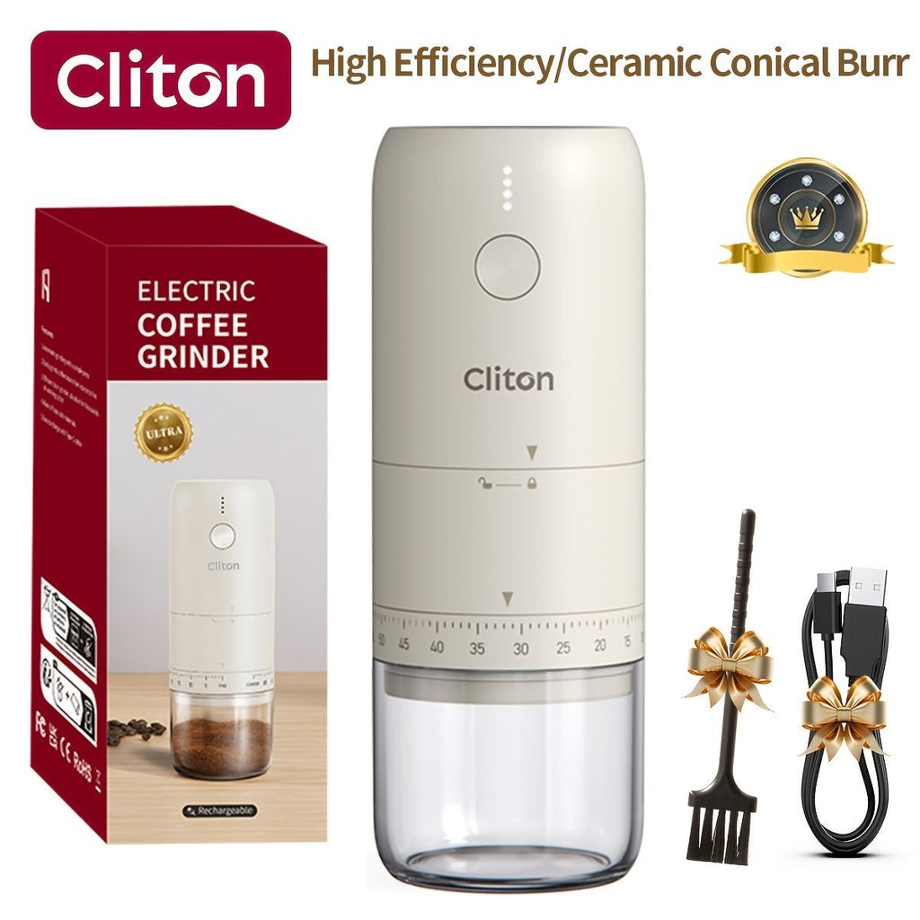 electric coffee grinder, Cliton coffee grinder, ceramic conical burr, portable coffee grinder, rechargeable coffee grinder, espresso coffee grinder, pour-over coffee grinder, Australia coffee grinder - White - Size set