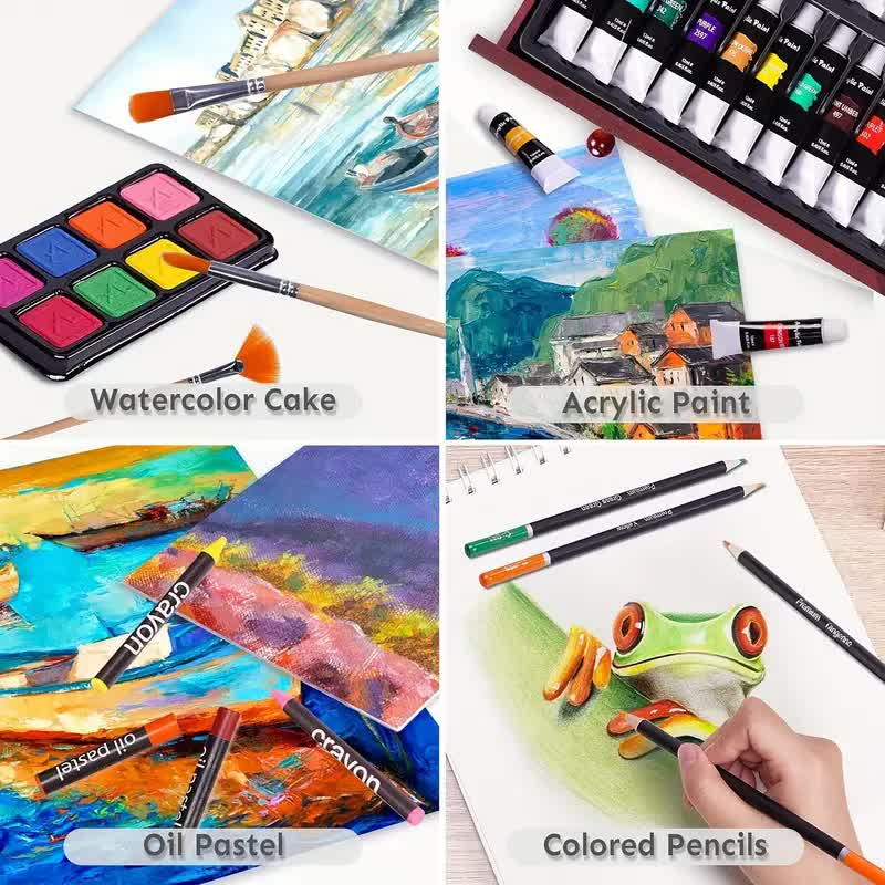 Wood color 175-Piece Deluxe Art Set with 2 Drawing Boards, Wax Crayons, Acrylic Paints, Colored Pencils, Wooden Storage Case – Professional Painting Kit, Art Supplies, Ideal Gift for Christmas, Halloween, and Back-to-School Season