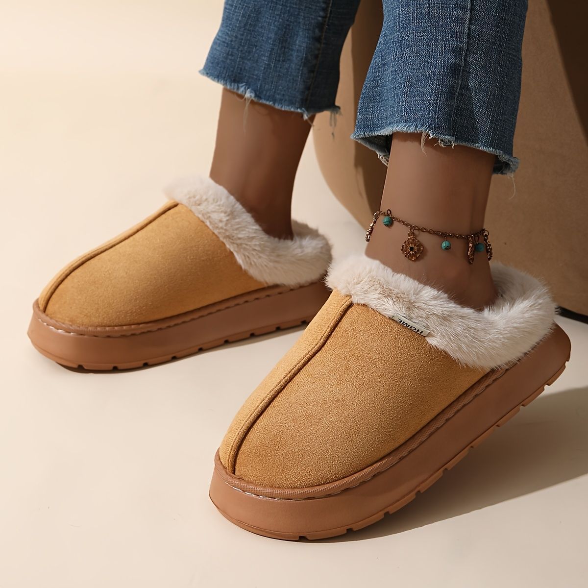 Women'S Furry Slippers Cosy House Shoes Australian Women’S Lounge Slippers Warm - Beige - Size 41