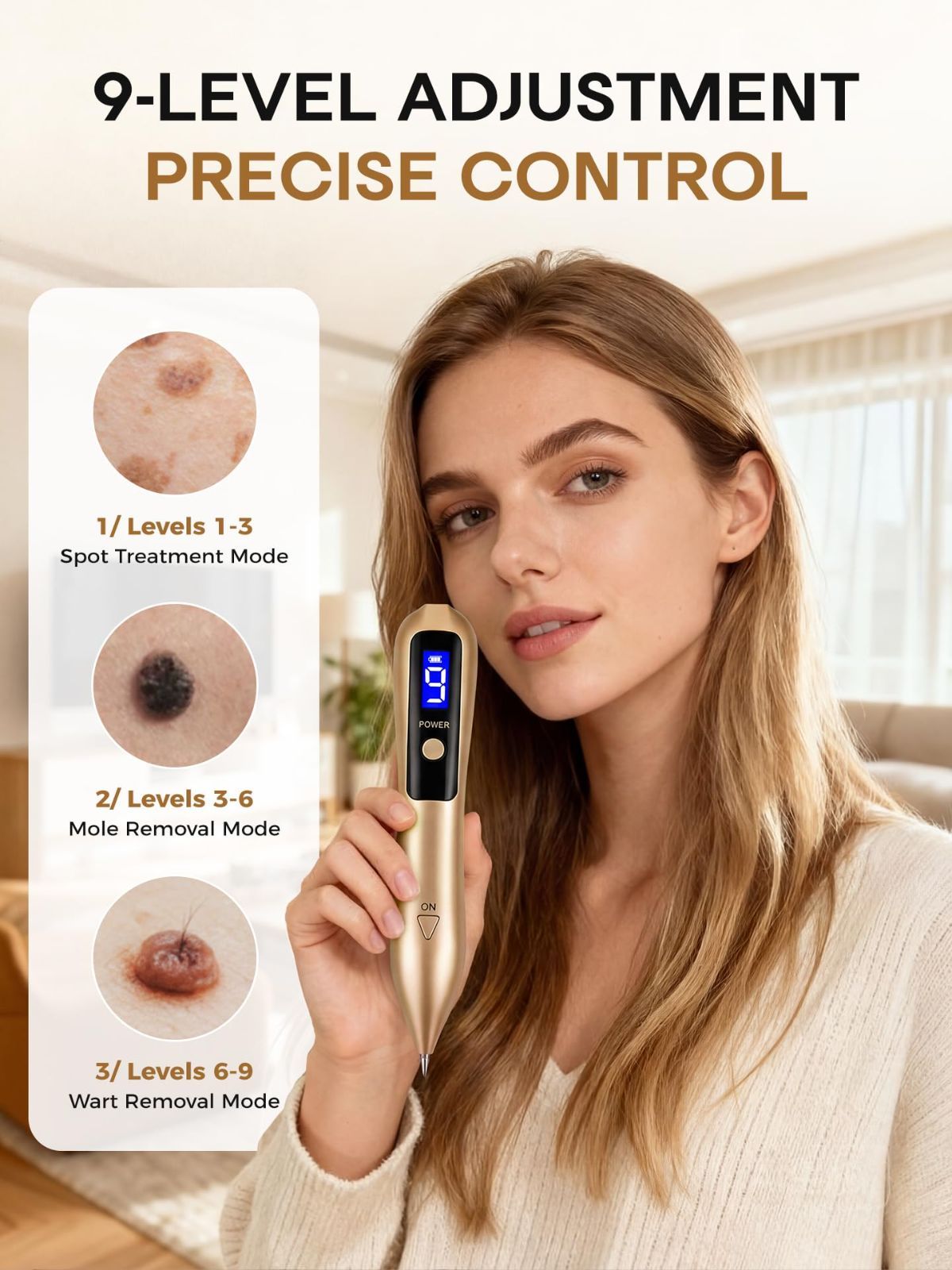 9-Speed Skin Tag Remover Pen - USB Rechargeable Mole Wart Removal Tool, LCD Display & Safety Lock, Painless Professional Spot Remover for Face and Body Home Use - White - Size 19cm
