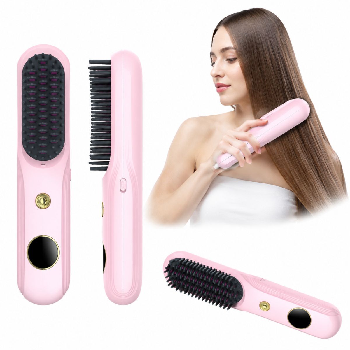 Cordless Hair Straightener Brush, Portable Mini Ionic Hair Straightener with Titanium Plates, USB Rechargeable Travel Straightening Comb for Short, Wavy Hair, Bangs & Quick Touch Ups - Black - Size 205mm