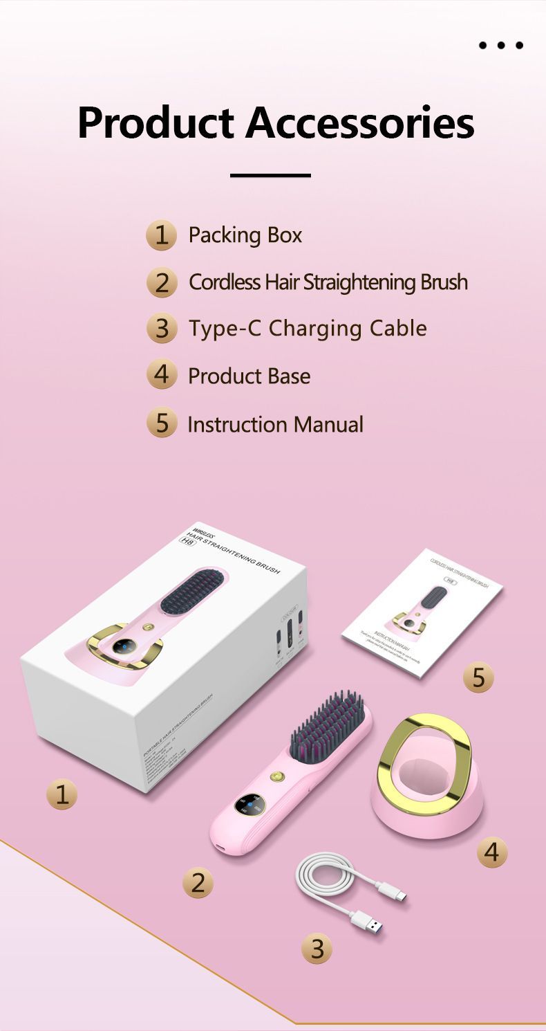Cordless Hair Straightener Brush, Portable Mini Ionic Hair Straightener with Titanium Plates, USB Rechargeable Travel Straightening Comb for Short, Wavy Hair, Bangs & Quick Touch Ups - Black - Size 205mm