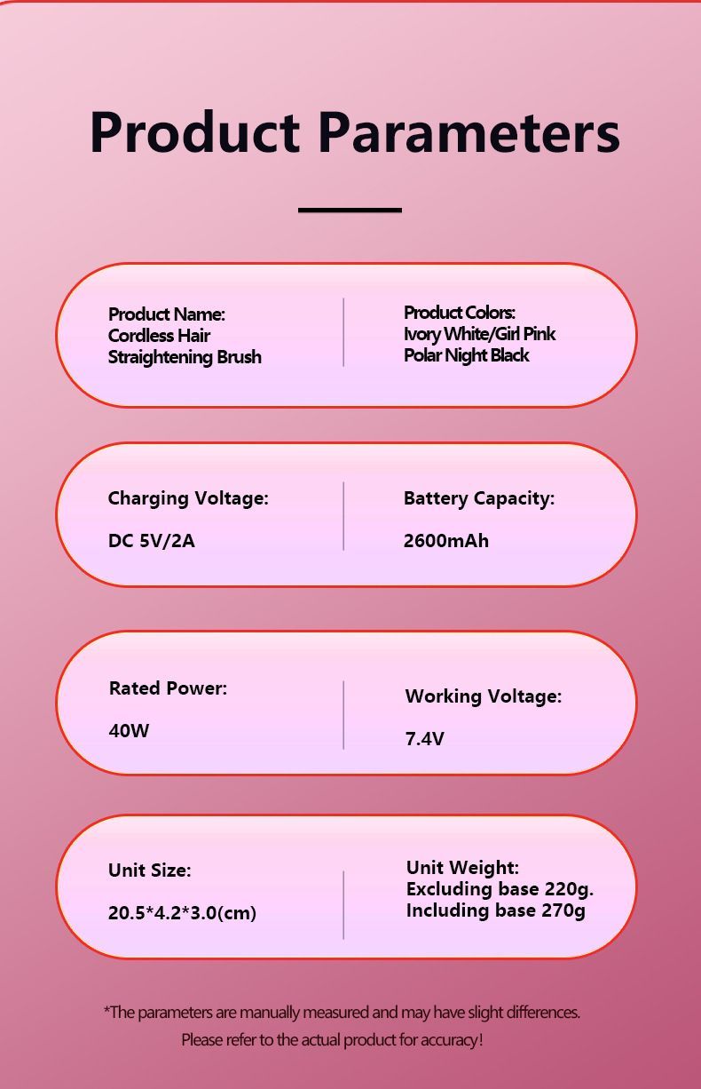 Cordless Hair Straightener Brush, Portable Mini Ionic Hair Straightener with Titanium Plates, USB Rechargeable Travel Straightening Comb for Short, Wavy Hair, Bangs & Quick Touch Ups - Pink - Size 205mm