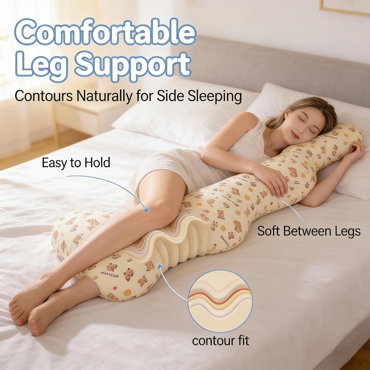 Long Rectangular Leg Pillow for Side Sleeping, Breathable Summer Cushion with Removable Washable Cover, Slim Lightweight Support Pillow for Bed Sofa Couch Travel Use - White - Size 100cm