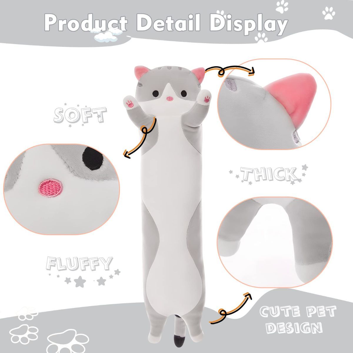 Long Cat Plush Pillow Cat Plush Toy PP Fabric Pillow Soft Cat Pillow Cat-Themed - Gray - Size 35.4in
