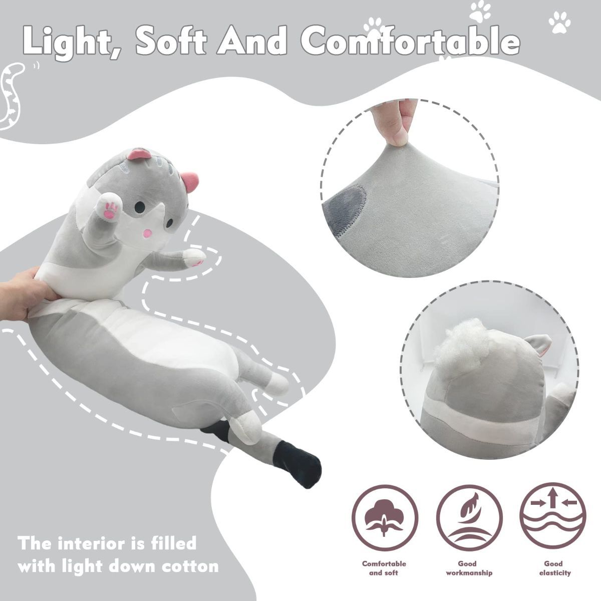 Long Cat Plush Pillow Cat Plush Toy PP Fabric Pillow Soft Cat Pillow Cat-Themed - Gray - Size 43.3in