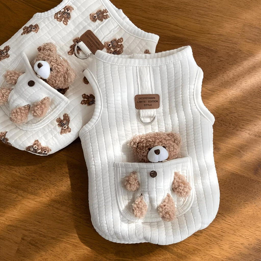 Pet Sweater Plush Bear Pattern Sleeveless Pet Clothing Puppy Outfit Kitten - Ivory - Size L