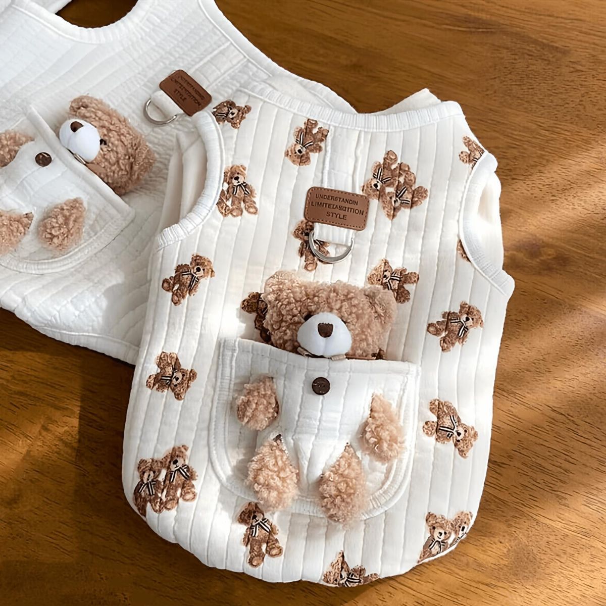 Pet Sweater Plush Bear Pattern Sleeveless Pet Clothing Puppy Outfit Kitten - Ivory - Size L