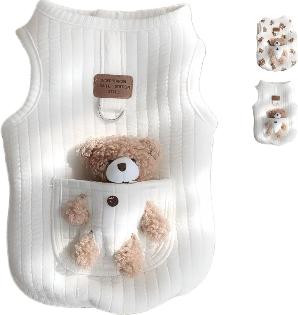 Pet Sweater Plush Bear Pattern Sleeveless Pet Clothing Puppy Outfit Kitten - Ivory - Size M