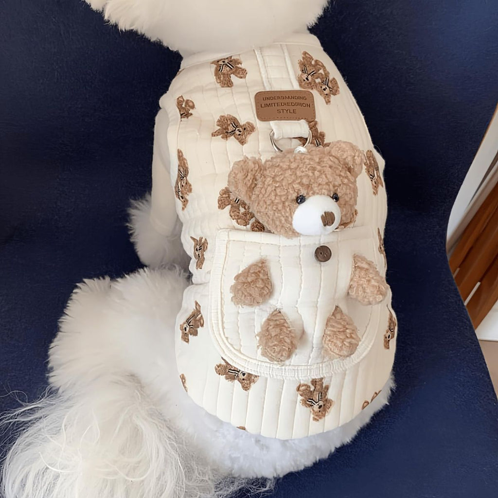 Pet Sweater Plush Bear Pattern Sleeveless Pet Clothing Puppy Outfit Kitten - Ivory - Size M