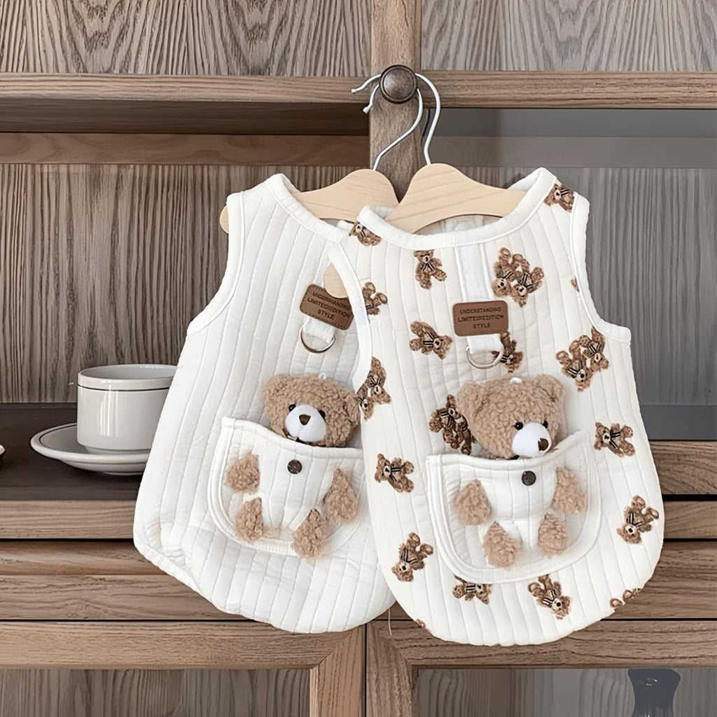 Pet Sweater Plush Bear Pattern Sleeveless Pet Clothing Puppy Outfit Kitten - Ivory - Size M