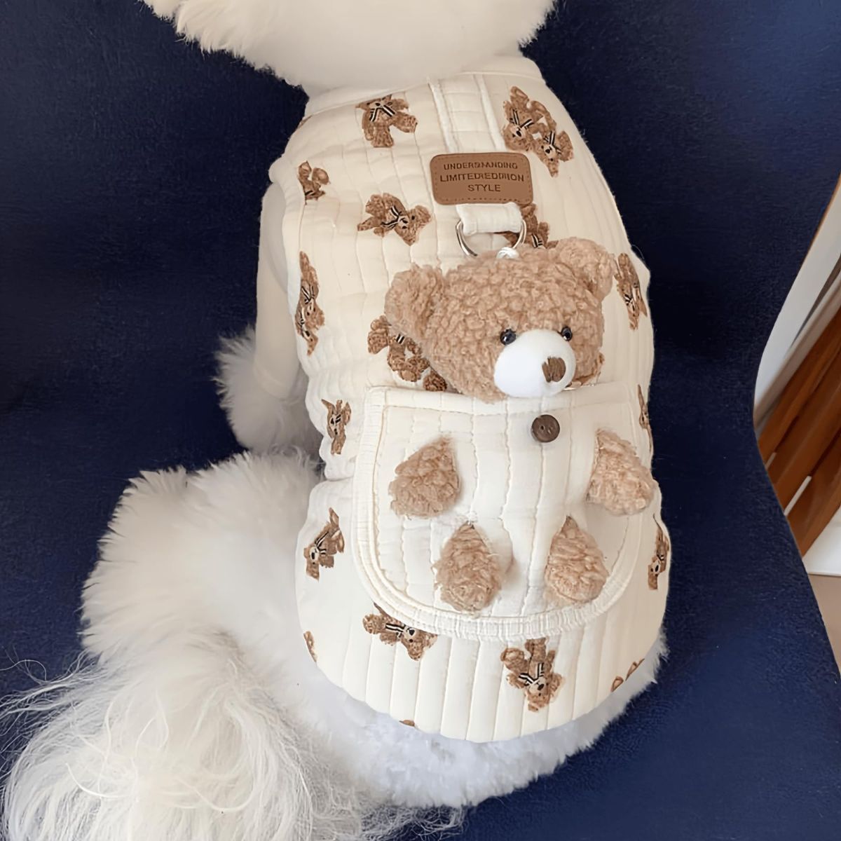 Pet Sweater Plush Bear Pattern Sleeveless Pet Clothing Puppy Outfit Kitten - Ivory - Size XL