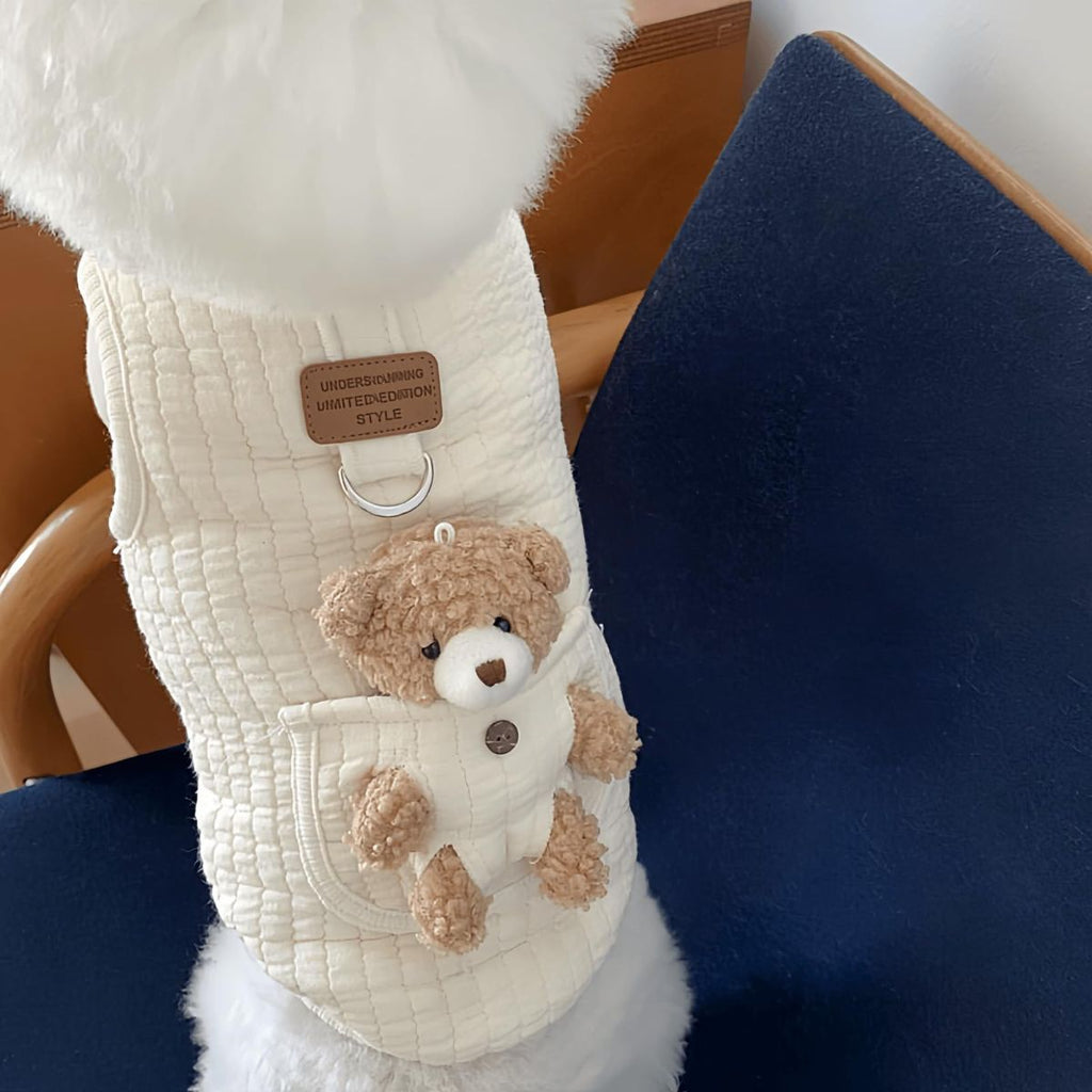 Pet Sweater Plush Bear Pattern Sleeveless Pet Clothing Puppy Outfit Kitten - White - Size L