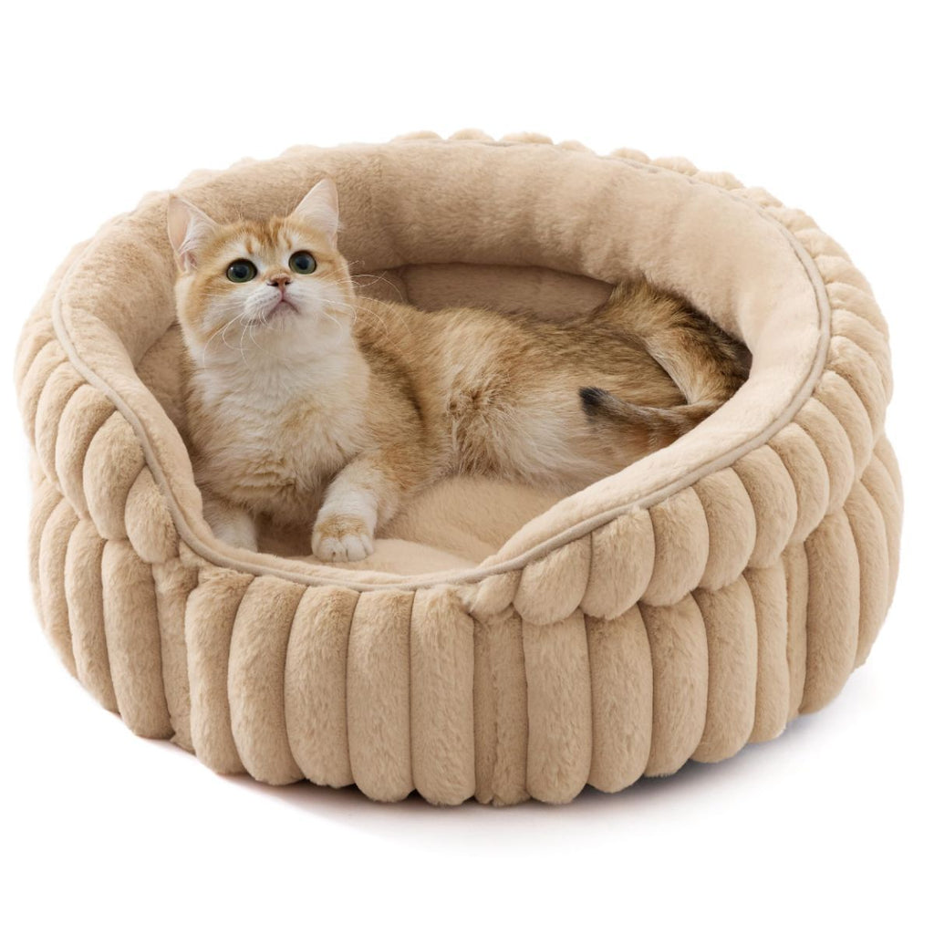 Cat Bed Plush Cat Bed Round Cat Bed Cat Furniture Cat Comfort Pet Supplies - Beige / 23in