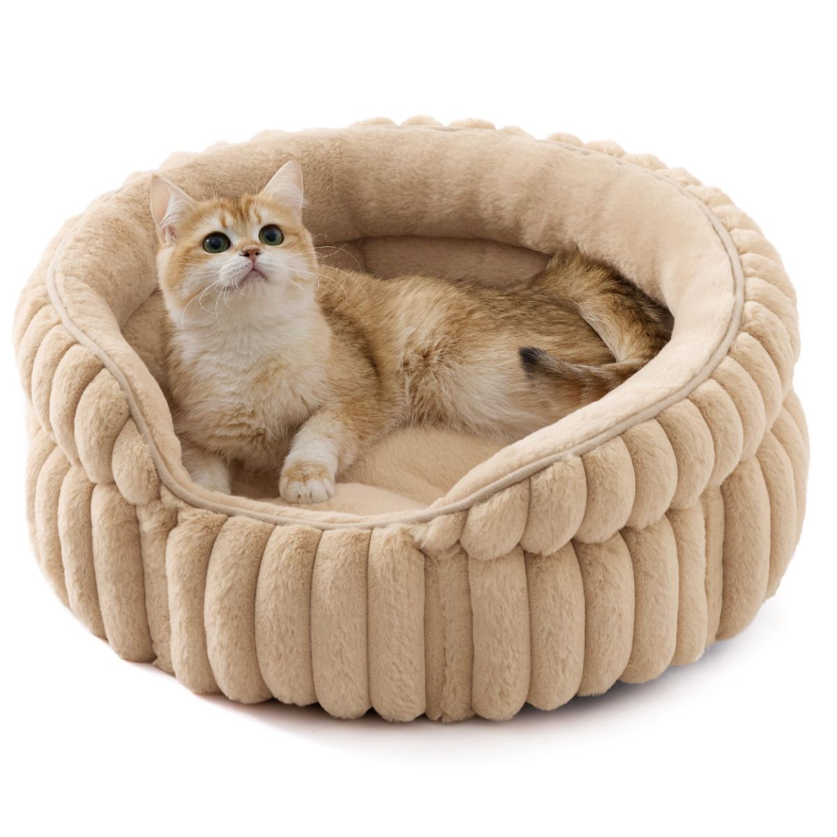 Cat Bed Plush Cat Bed Round Cat Bed Cat Furniture Cat Comfort Pet Supplies - Beige / 26in