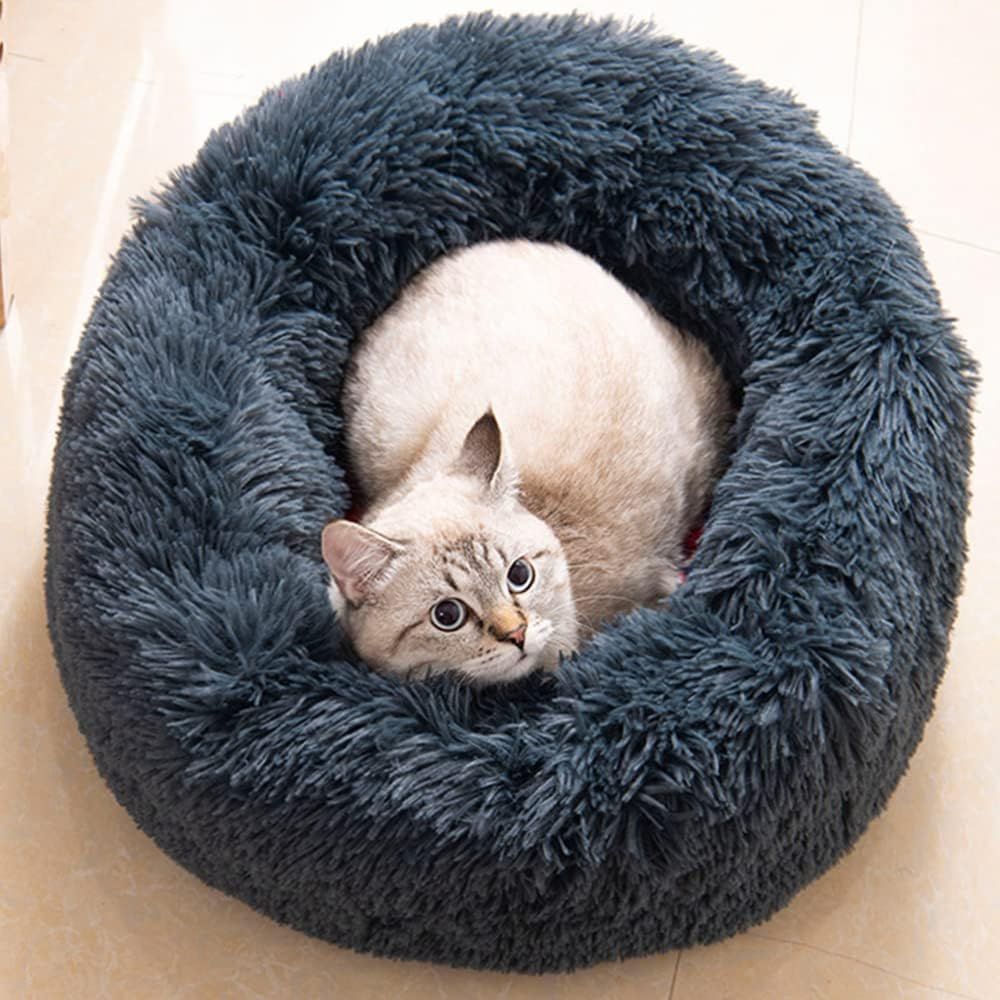 Cat Bed Fluffy Cat Bed Round Cat Bed Cat Furniture Cat Comfort Cat Sleeping Bed - Navy / 20in